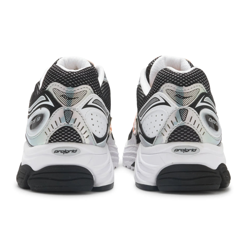 Back View of Saucony Progrid Omni 9 Speed Shades White Black Orange Vo2 S71057-2