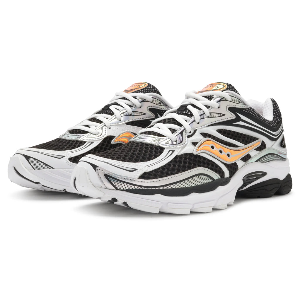 Front Side View of Saucony Progrid Omni 9 Speed Shades White Black Orange Vo2 S71057-2